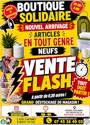 Vente Flash à la boutique solidaire de Stenay le 12 sept. de 10 h à 16 h